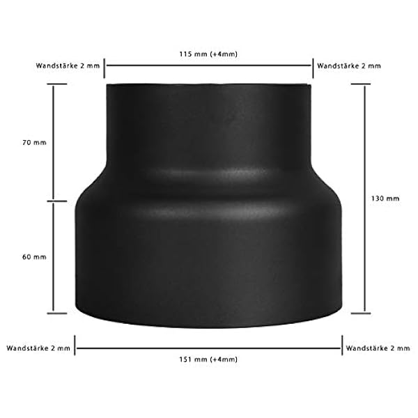 Lanzzas spisrörreducerare, färg: svart, 130 mm/120 mm, 150 mm/120 mm, 150 mm/130 mm 160 mm/150 mm, 180 mm/150 mm, 180 mm/160 mm, 200 mm/180 mm, 250 mm/20 mm